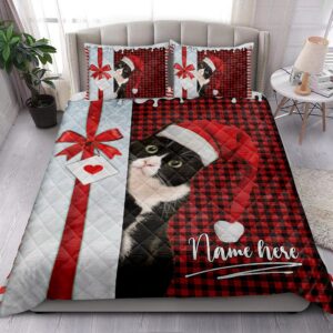 Personalized Tuxedo Cat Quilt Set, Tuxedo Cat Santa Hat Withmas Letter Quilt Bedding Set