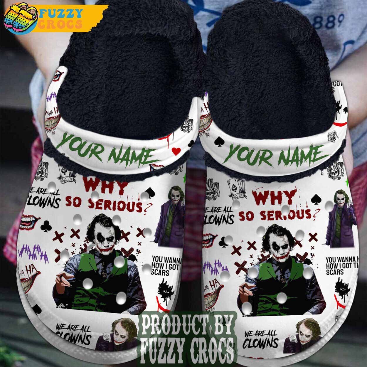 FuzzyCrocs Personalized Joker Movie White Crocs With Fur