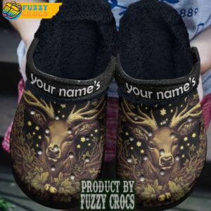 FuzzyCrocs Personalized Jungle Natural Deer Black Crocs With Fur