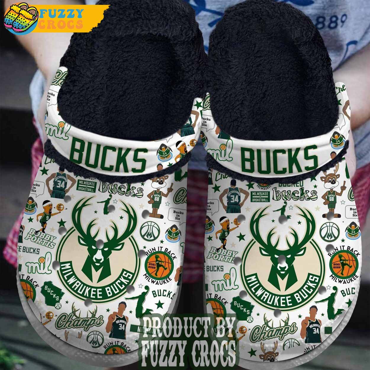 White FuzzyCrocs NBA Milwaukee Bucks Crocs With Fur