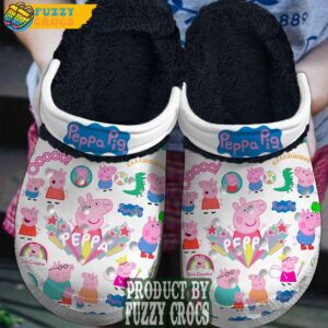 White FuzzyCrocs Peppa Pig Cartoon Crocs With Fur