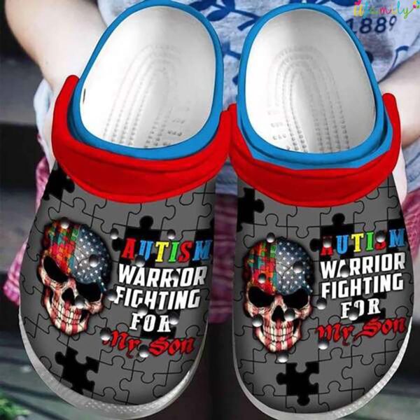 Autism Awareness Day Skull Us Flag Autism Warrior Fighting For My Son Crocs.jpg