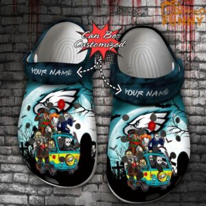 Personalized Philadelphia Eagles Horror Friends Van With Clown Retro Scary Movie Villains Halloween Crocs.jpg