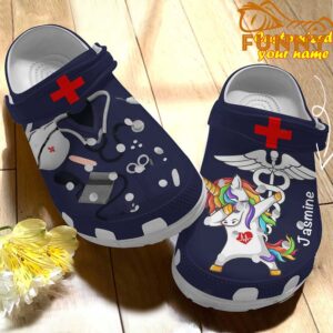 Personalized Scrubs For Nurses And Unicorn Navy Crocs.jpg